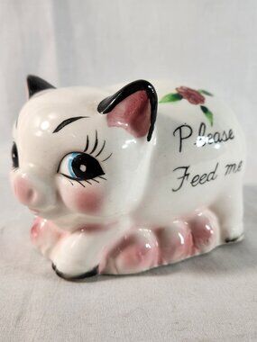 Ries Japan Ceramic Piggy Bank White Vintage 1950s-1960s Hand Painted + Plug